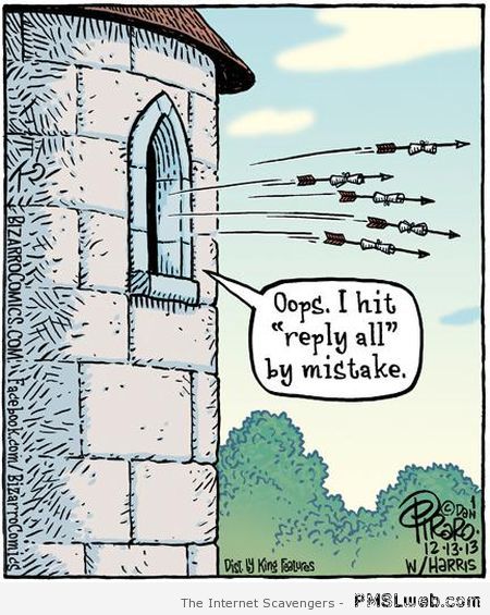 Cartoon: a castle tower fires arrows labeled with emails after someone hits "reply all" by mistake